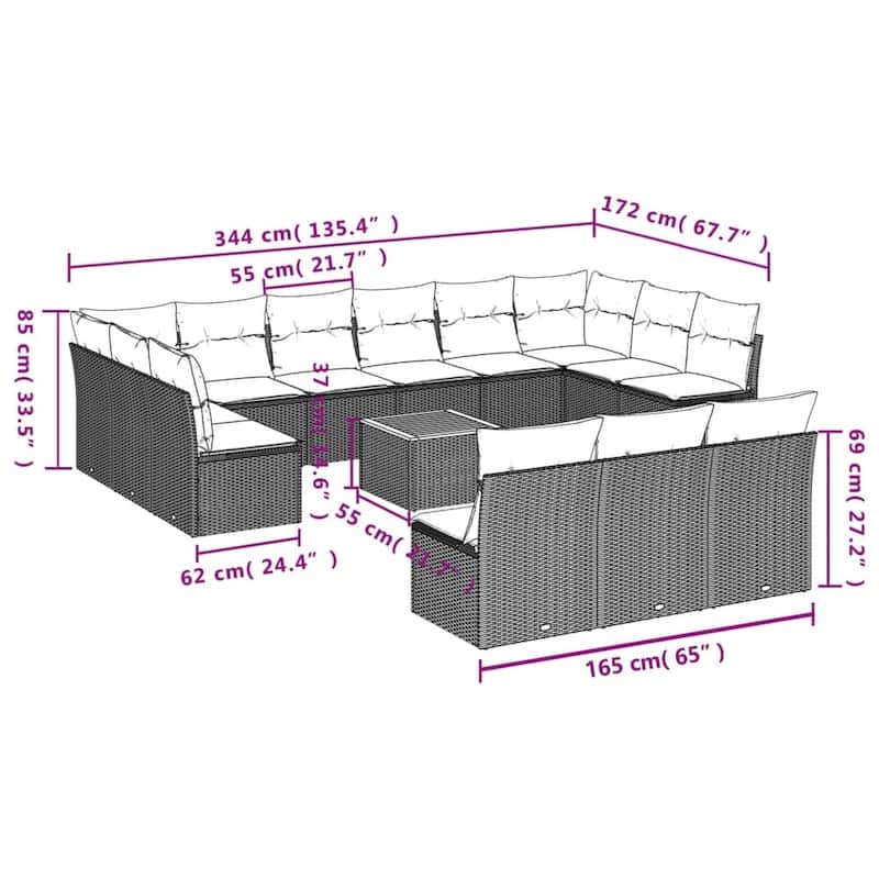 vidaXL Patio Sofa Set with Cushions Outdoor Furniture 14 Piece Poly Rattan - 24.4 x 24.4 x 27.2