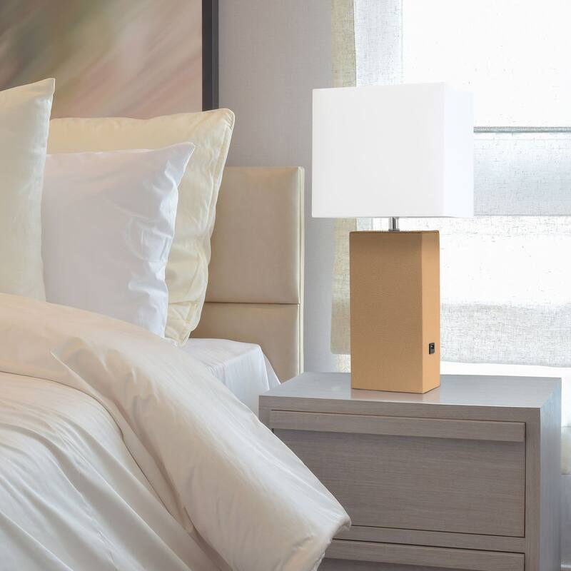 Modern Leather Table Lamp with USB and White Fabric Shade