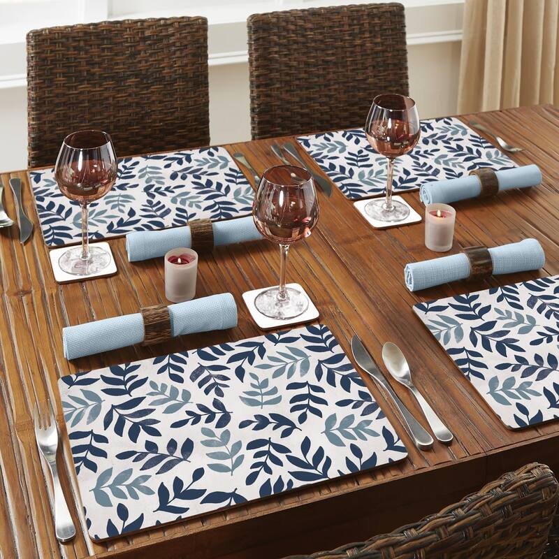 Blue Leaf Floral Decorative Hardboard Placemats with Protective Cork