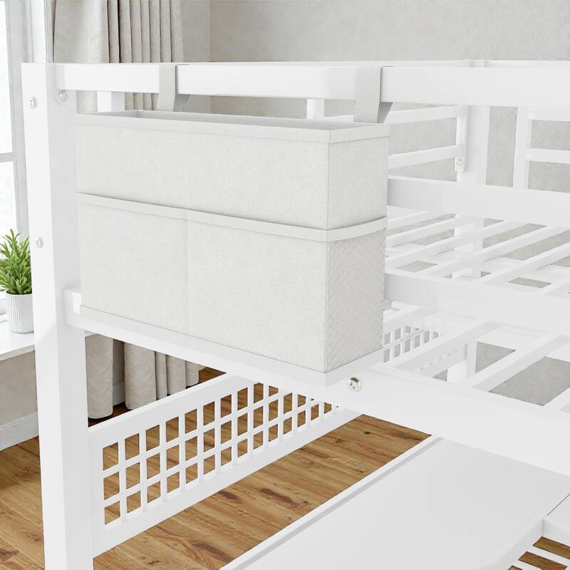 Full Size Metal Loft Bed with Staircase Storage, Wardrobe, L-Shaped Desk, Shelves, LED Lights and USB Charging Station