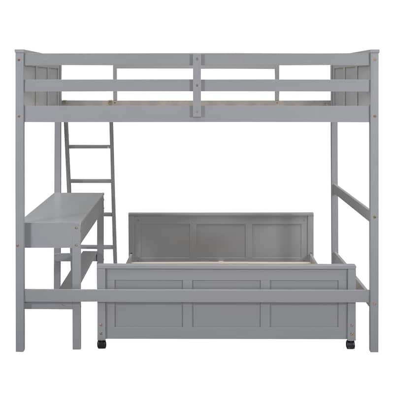 Full Over Full Bunk Bed, Platform Bed with Wheels, Loft Bed with Built-in Desk, Drawers, Ladder and Guardrail for Kids, Teen
