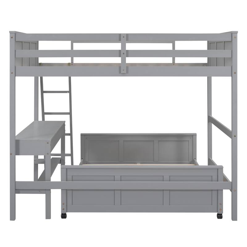 Space-Saving Twin Over Full Bunk Bed with Desk and Drawers - Solid Pine Construction, White/Grey
