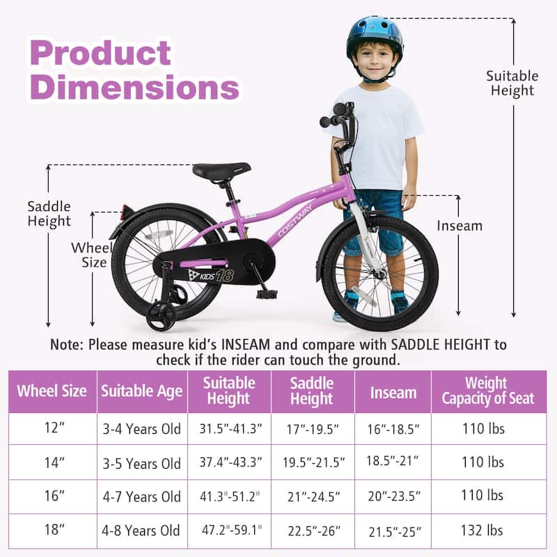 Costway 12"/14"/16"/18" Kids Bike for 3-4 Years Old Boys & Girls with