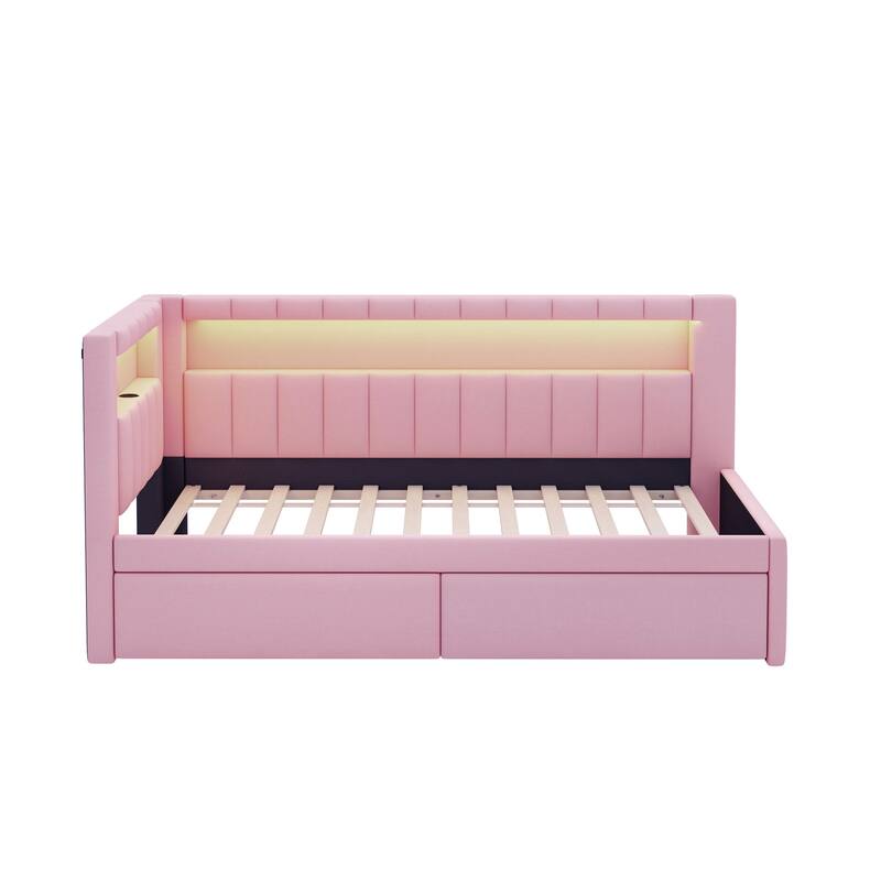 Twin Size Platform Bed with USB Ports, LED Lighting, and 2 Drawers in Pink