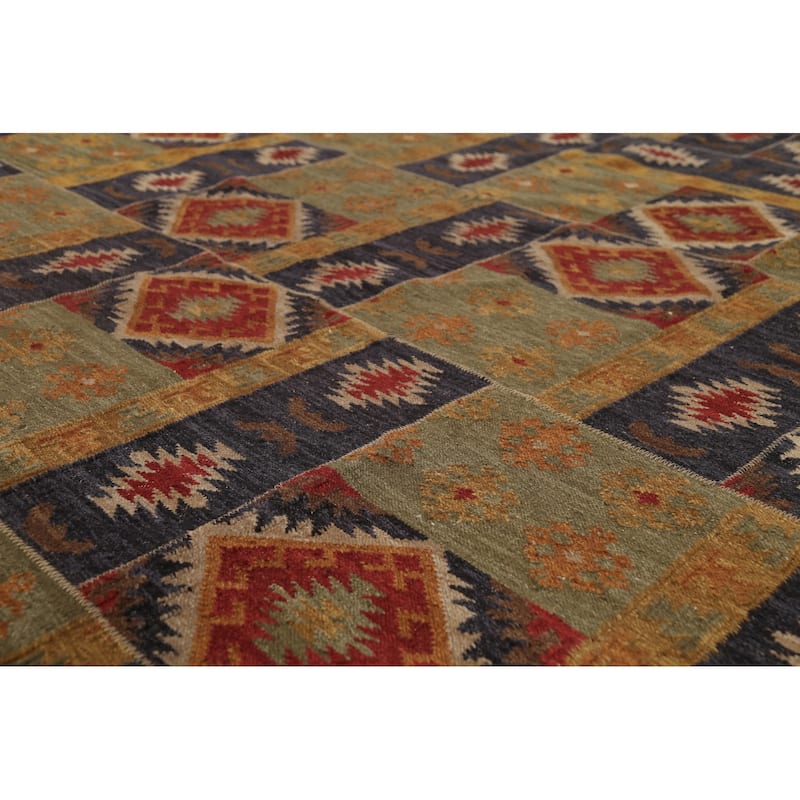 All-Over Geometric Kilim Indian Area Rug Hand-Woven Wool Carpet - 7'8"x 9'10"