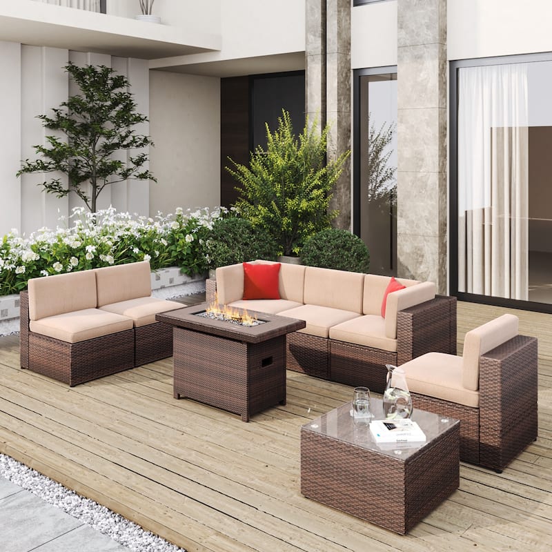 8 Pcs Patio Conversation Sets with Fire Pit Table