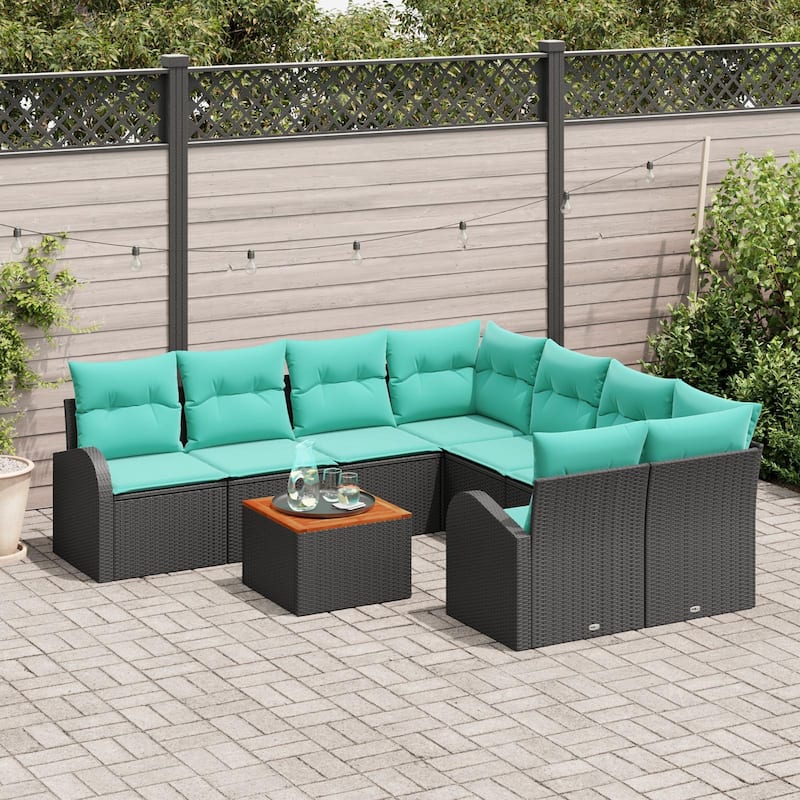 vidaXL 9 Garden Sofa Set with Cushions Black/Grey Poly Rattan - 92.1 x 92.1 x 27.2