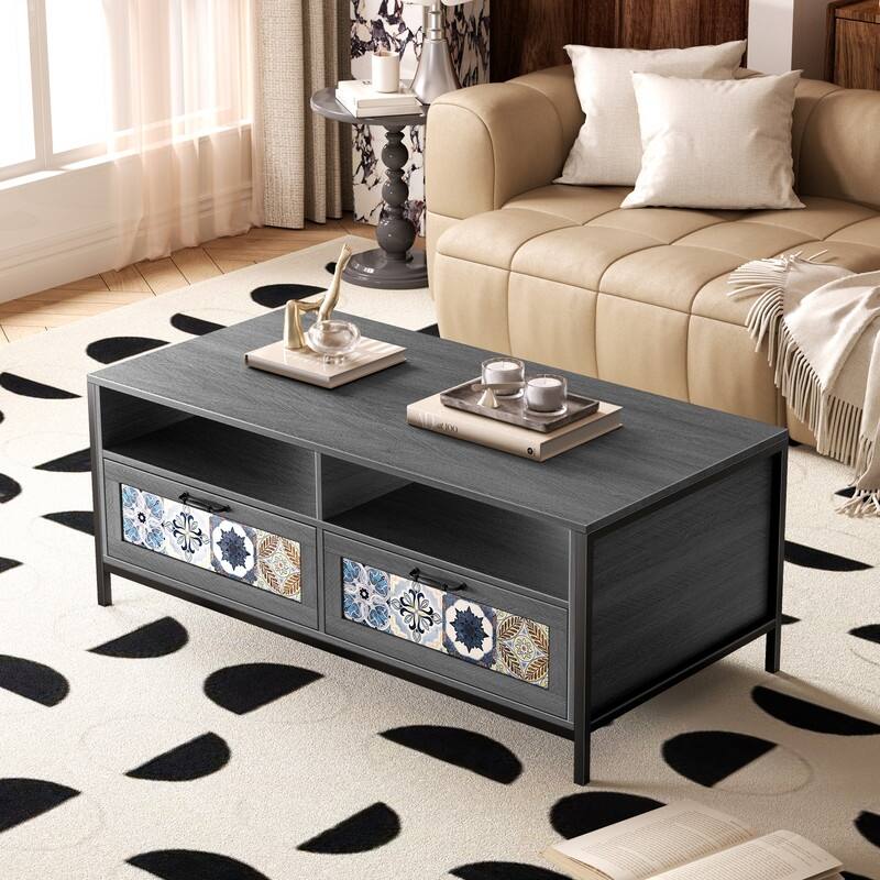 Mixoy Coffee Table, Mid Century Modern Coffee Table with 2 Open Shelves and 2 Storage Cabinets for Living Room - 47in*24in*19in