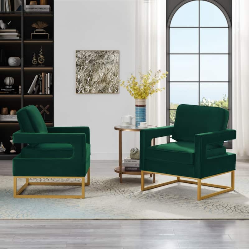 Modern Style Accent Chair with Gold Metal Base , Velvet Upholstered Leisure Chair with Open Armrest, Armchair