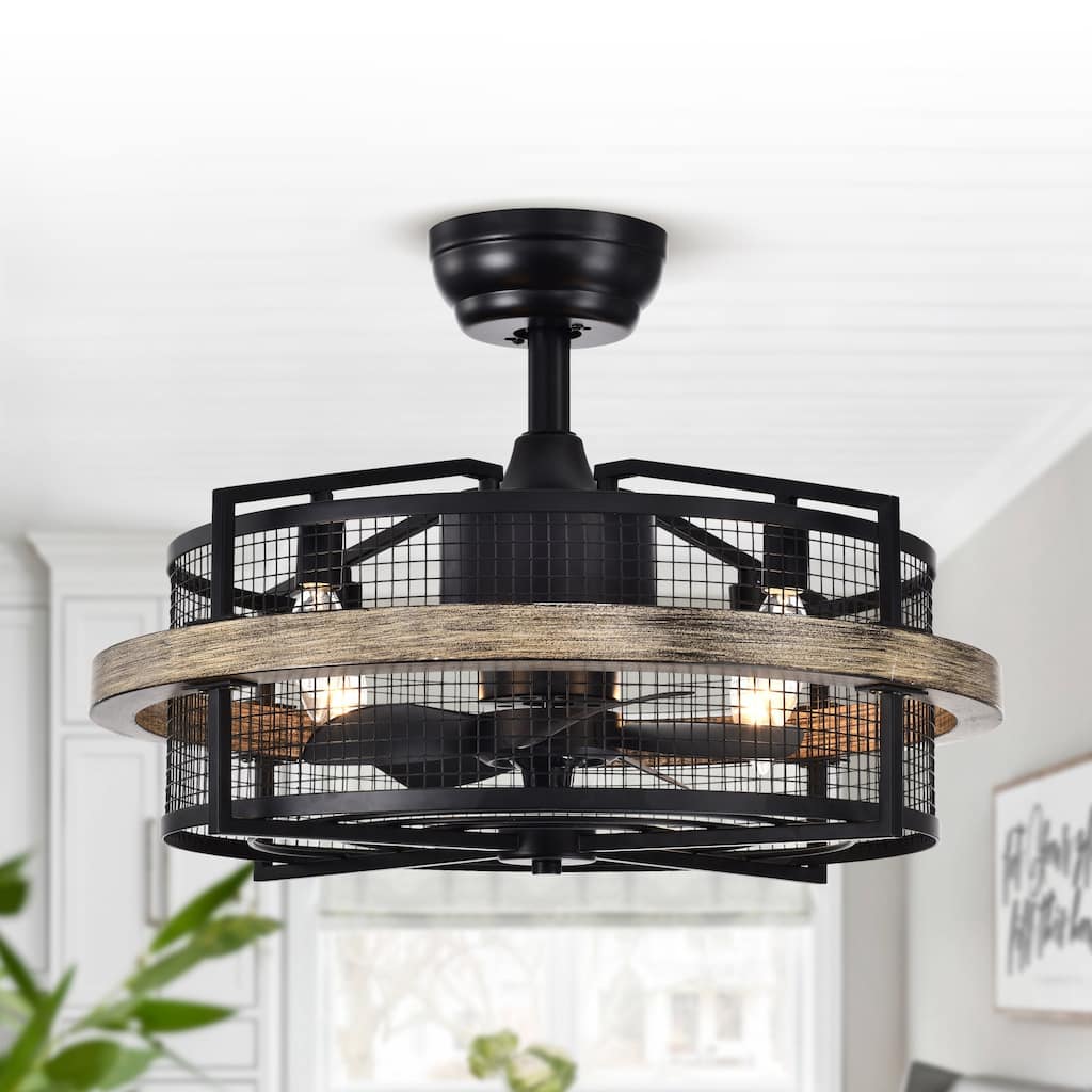 20" Industrial Black Metal Caged Bladeless Ceiling Fan Chandelier with Remote