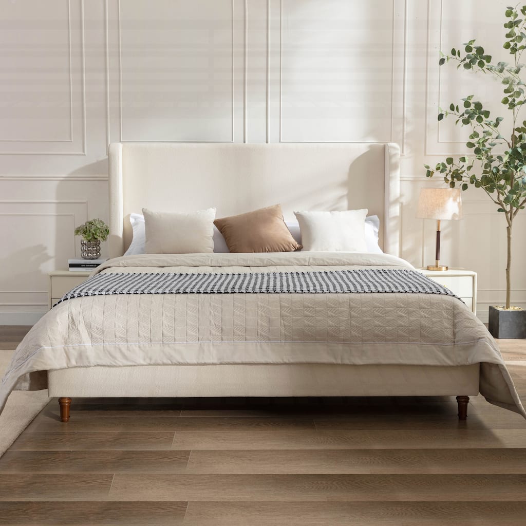 Elegant Upholstered Bed with Wingbacks and No Box Spring, Ideal for Relaxing