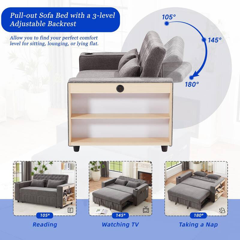 61.41" Chenille Convertible Sofa Bed with Adjustable Backrest, USB & Cup Holders