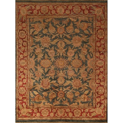 Floral Green Agra Indian Area Rug Hand-Knotted Wool Carpet - 8'0"x 10'0"