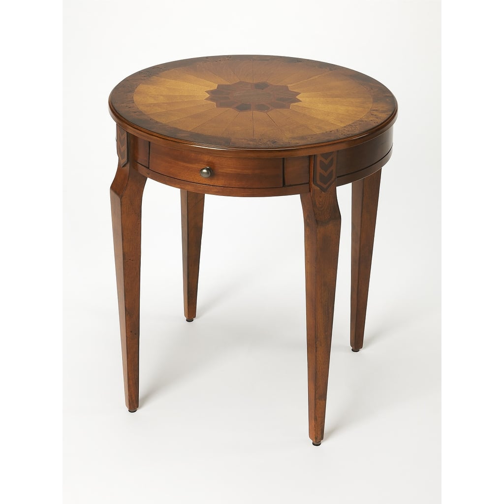 HomeRoots 24" Medium Brown And Olive Ash Manufactured Wood Round End Table With Drawer - 20