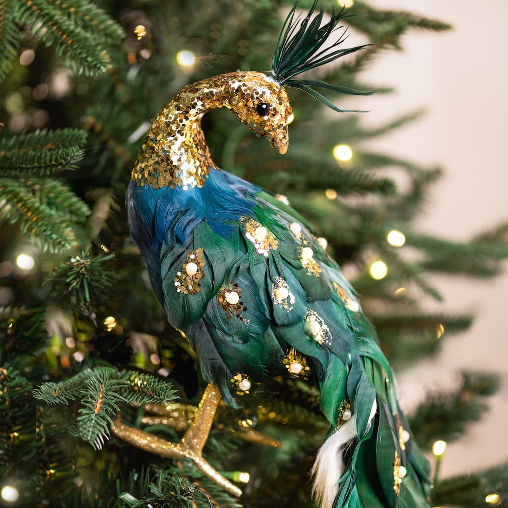 Glittered Peacock with Faux Pearls Christmas Decoration - 22" - Green
