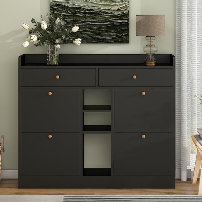 Roomfitters Modern Tipping Bucket Shoe Cabinet with 4 Flip Compartments, Multifunctional 2-Tier Shoe Storage Organizer