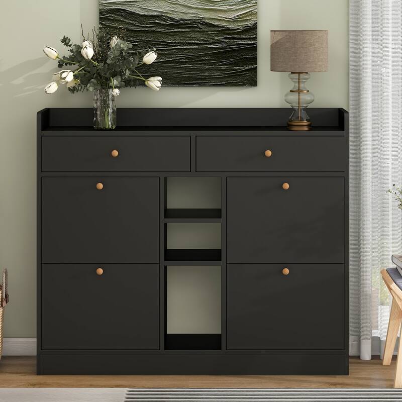 Tipping Bucket Wooden Shoe Cabinet, Multifunctional 2-Tier Shoe Storage Organizer, Narrow Shoe Cabinet with 4 Flip Drawers