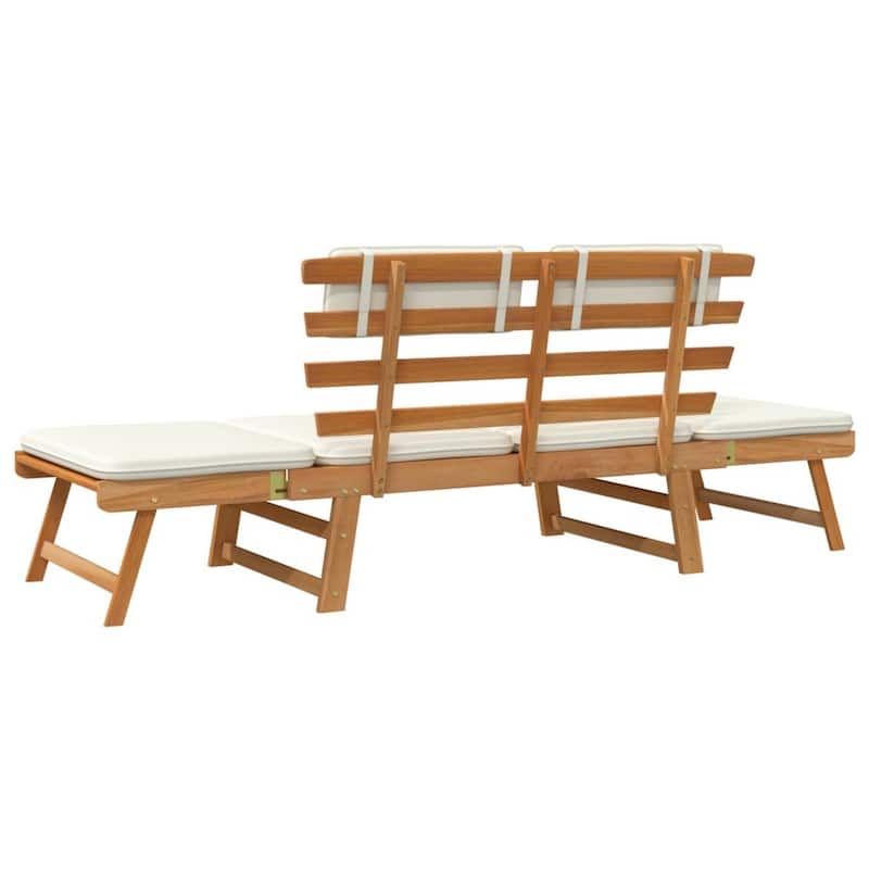 Outdoor Bench, Folding 2 in 1 Style, White Cushions, Brown Acacia Wood