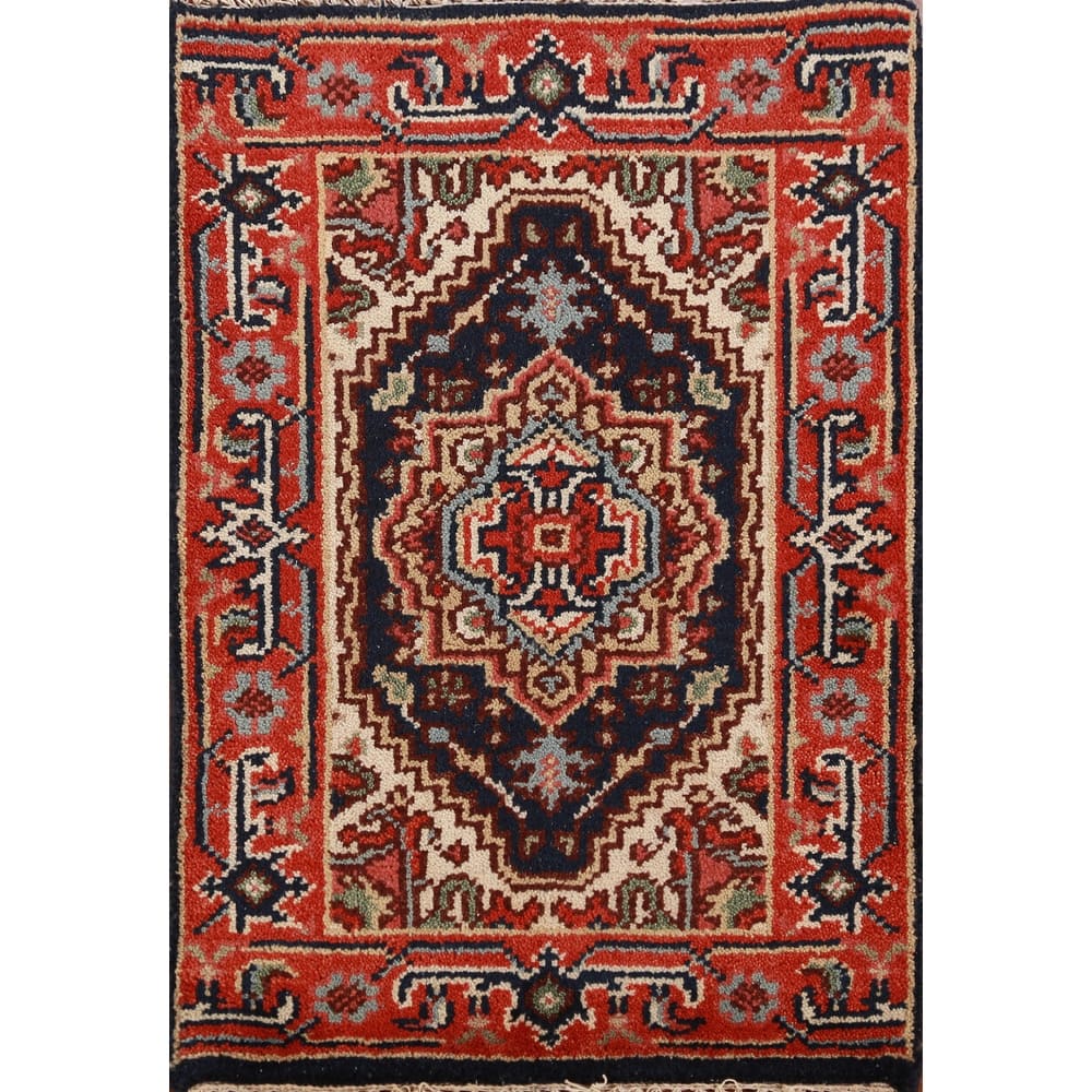Hand Knotted Oriental 100% Wool Carpet Traditional Medallion Navy Blue & Blues Heriz (serapi) Area Rug - 3' 0'' X 2' 0''
