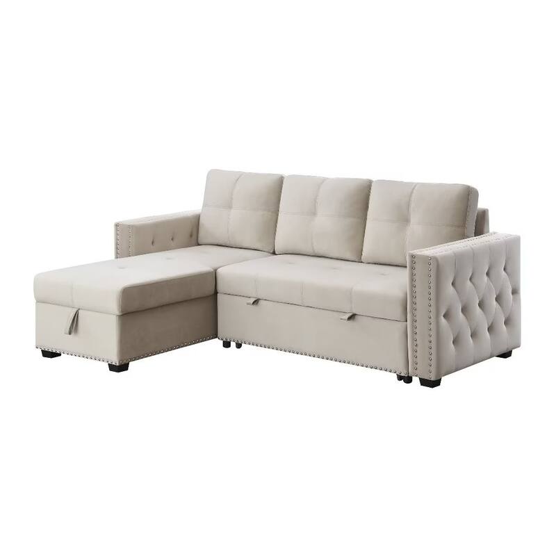 Morden Fort Reversible L-Shaped Sofa Bed with Storage - Velvet Upholstery, Button Tufting, and Nailhead Trim