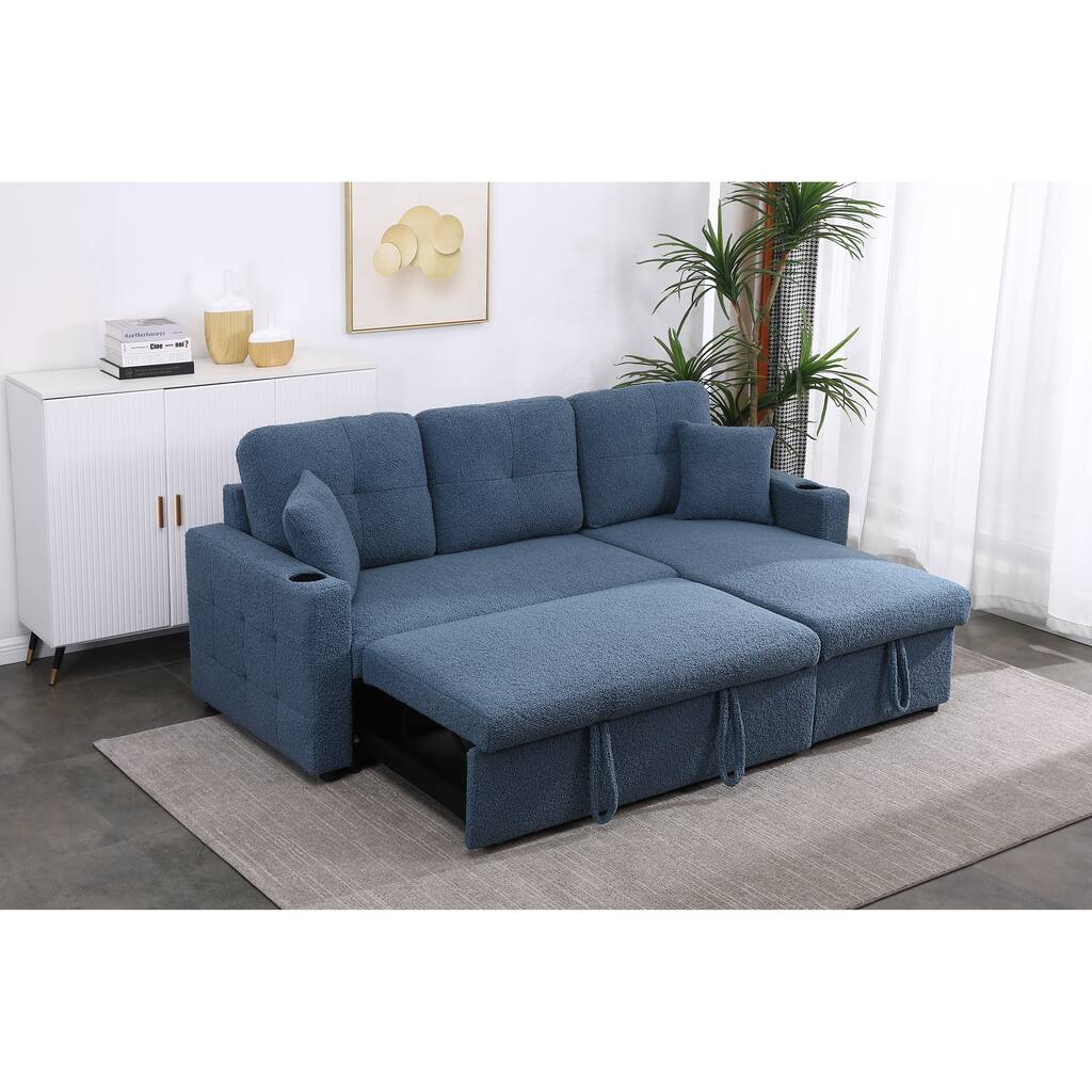 Mid-Century Modern Pull Out Sleeper Sectional Sofa with Storage Chaise