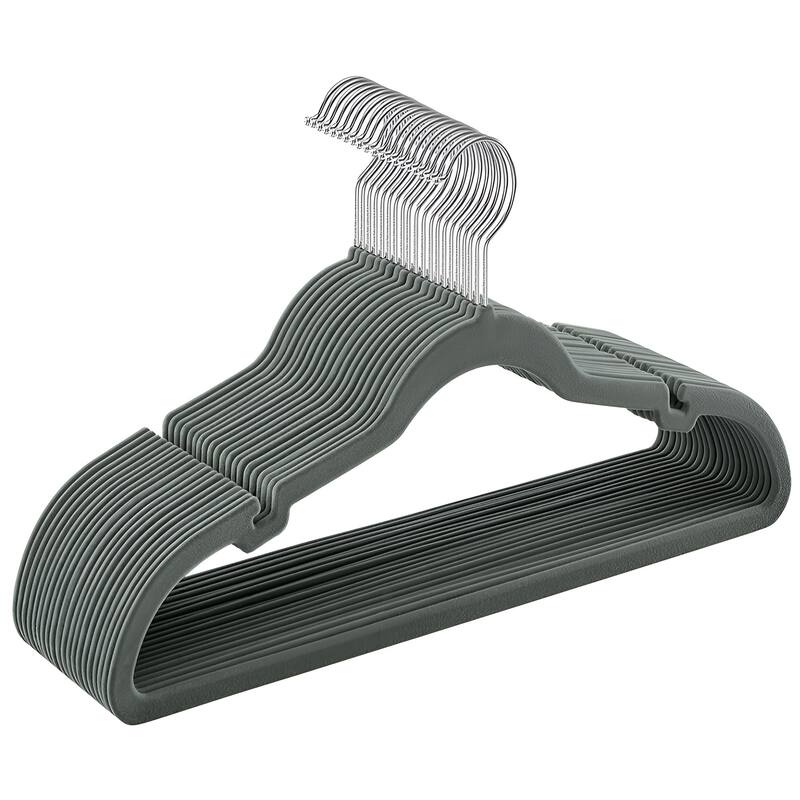Space-Saving Velvet Anti-Slip Coat Hangers with Shoulder Notches and Swivel Hook - 20 Pack - Grey
