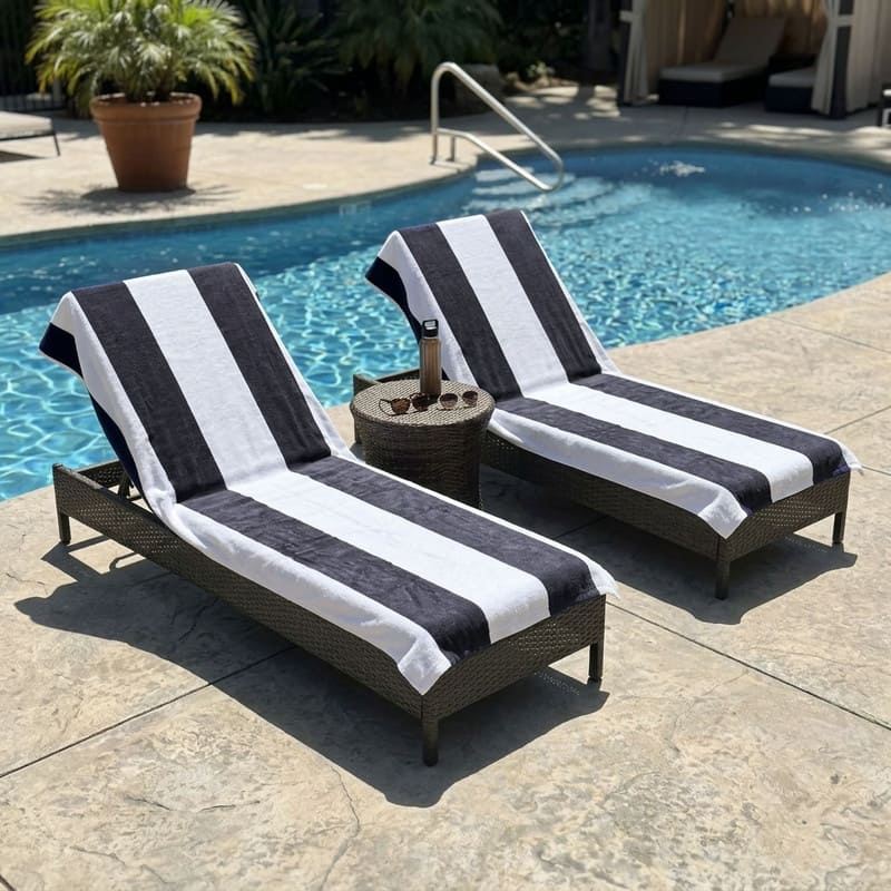 100% Cotton Cabana‑Stripe Lounge Chair Cover Terry Towel with Fitted Pocket & Back Flap Set of 2 - Charcoal