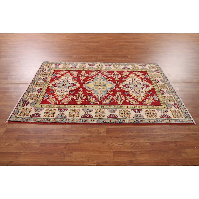 Traditional Kazak Oriental Area Rug Hand-Knotted Red Wool Carpet - 4'2" x 6'5"