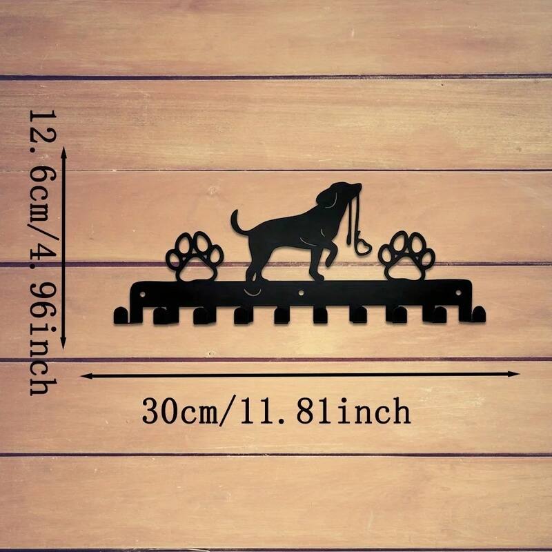 Black Metal Cute Dog Wall Hanging Storage Rack with Hooks for Home Entryway or Coat - 11.81”L x 4.96”H