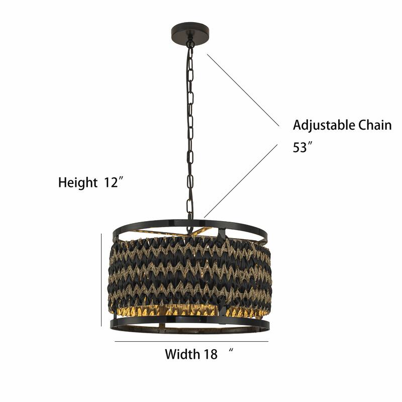 Amara 3-Light Wicker Drum Pendant, Rustic Boho - Handwoven - 18" Wide