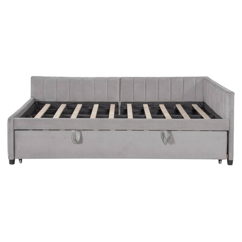 Full Size Daybed with Pull-Out Lift-Up Trundle, Upholstered Daybed Platform Bed with Stripes L-Shaped Backrest and Wood Slats