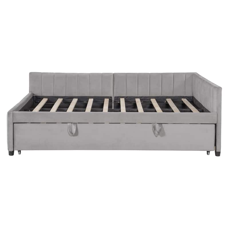 Roomfitters Full L-Shaped Upholstered Daybed with Twin Pop-Up Trundle, Modern Platform Design