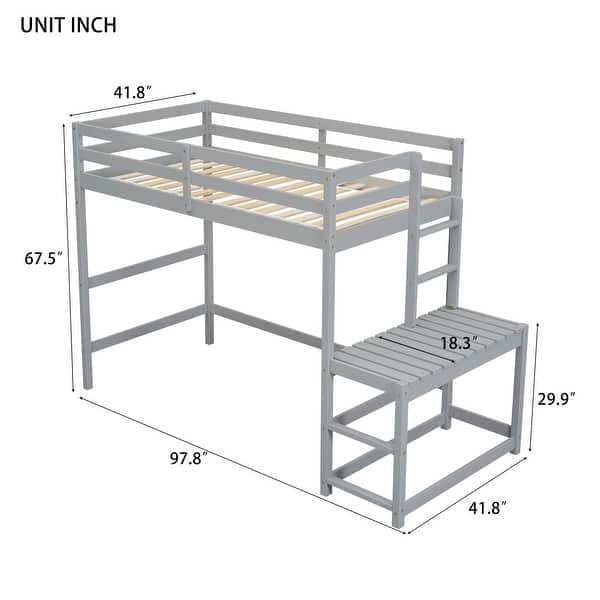 dimension image slide 1 of 2, Twin Size Loft Bed Kids Bed with Platform Ladders and Guardrails, Grey