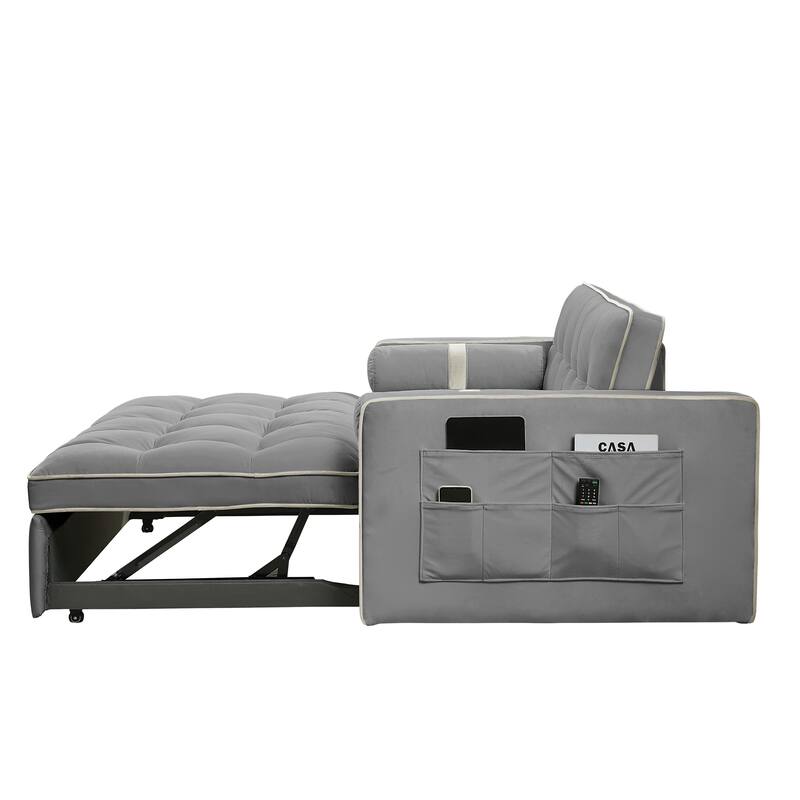 Velvet Sofa Bed with Adjustable Back and Storage Pockets, Multifunctional Sleeper Sofa