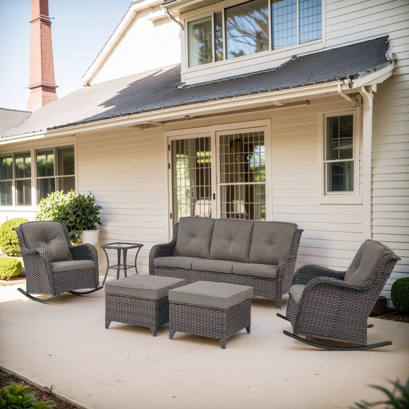 Gymojoy 6-Piece Outdoor Wicker Patio Furniture with 3 Seat Sofa, Rattan Coversation Set with Water Resistant Thick Cushions - Brown Wicker / Grey Cusion - 6-Piece