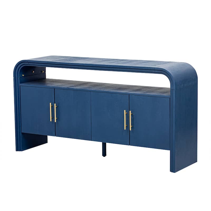 Curved Sideboard with 4 Doors, Wood Accent Entryway Console Table, Freestanding Buffet Cabinet with Open Shelves