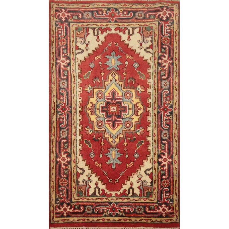 Hand Knotted Oriental 100% Wool Carpet Traditional Medallion Red Heriz (serapi) Area Rug - 5' 6'' X 2' 11''