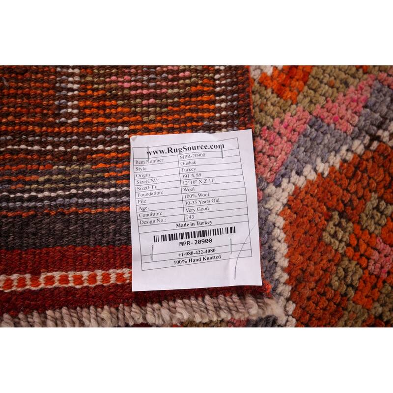 Oushak Turkish Vintage Runner Rug Hand-Knotted Foyer Wool Carpet - 2'11"x 12'10"