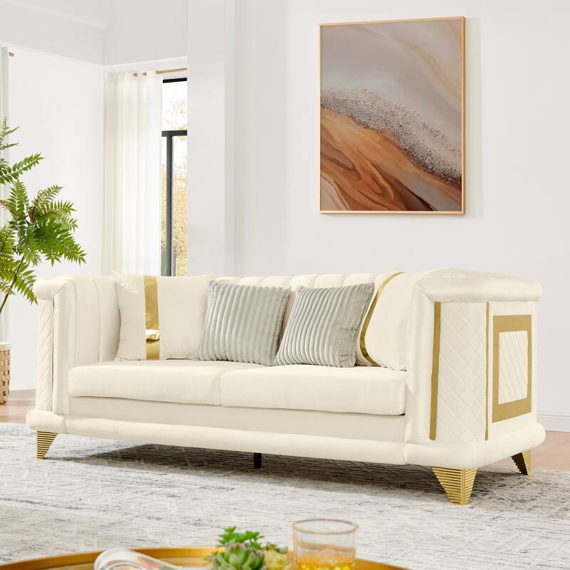 2PCS Velvet Sofa Set with Gold Trims and Embroidered Texture, Mid Century Modern Victorian Couch for Living Room, Beige