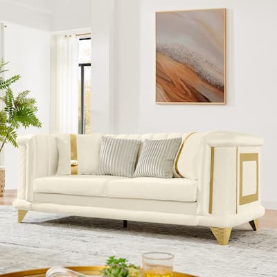 89 Inches Beige Velvet 3 Seater Luxury Sofa with Gold Stainless Steel Trims and Embroidered Texture
