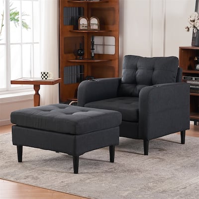 Upholstered Armchair and Storage Ottoman Set with Cup Holders