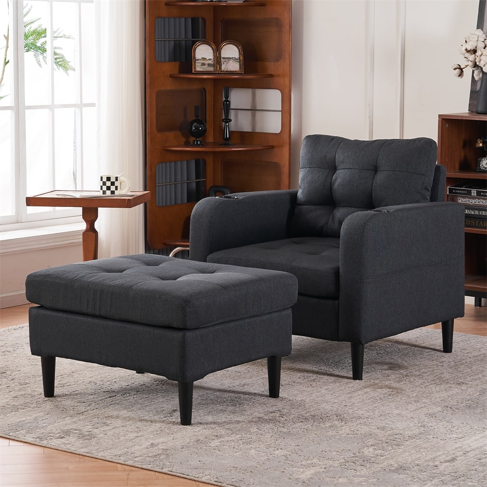 Upholstered Armchair and Storage Ottoman Set with Cup Holders