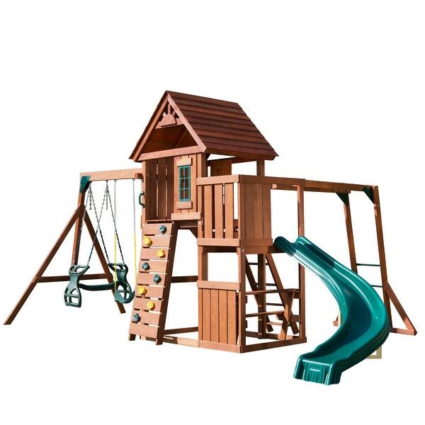 slide 1 of 9, Swing-N-Slide Wood Cedar Brook Swing Set with Monkey Bars & Glider Swing