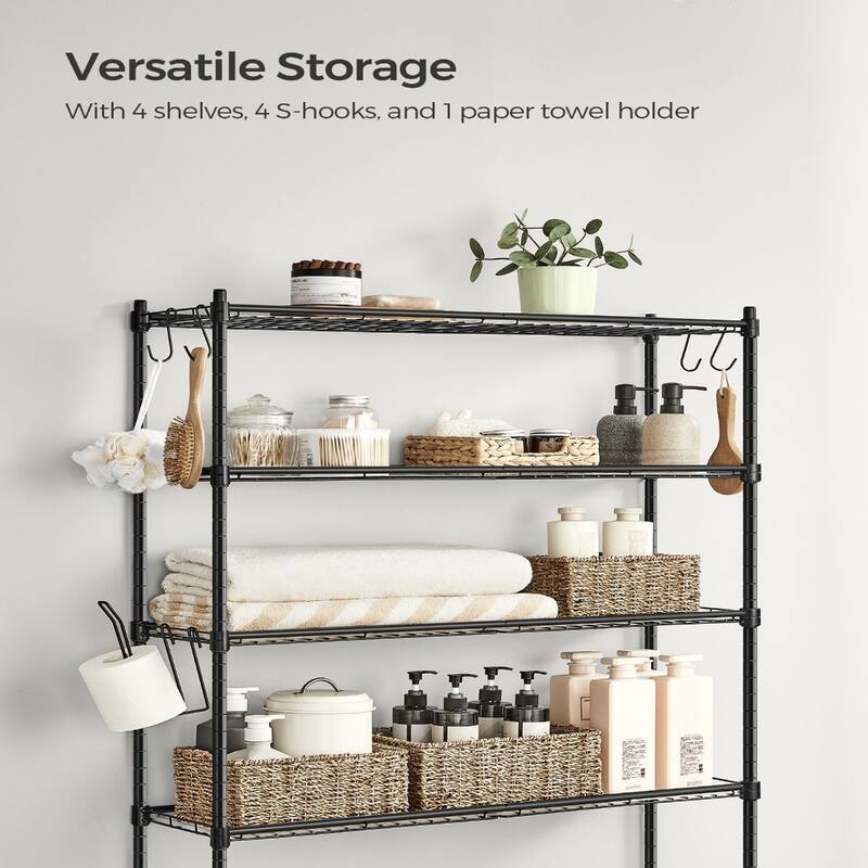 4-Tier Freestanding Metal Over-the-Toilet Storage Rack with 4 Adjustable Shelves and 4 Convenient Hoooks