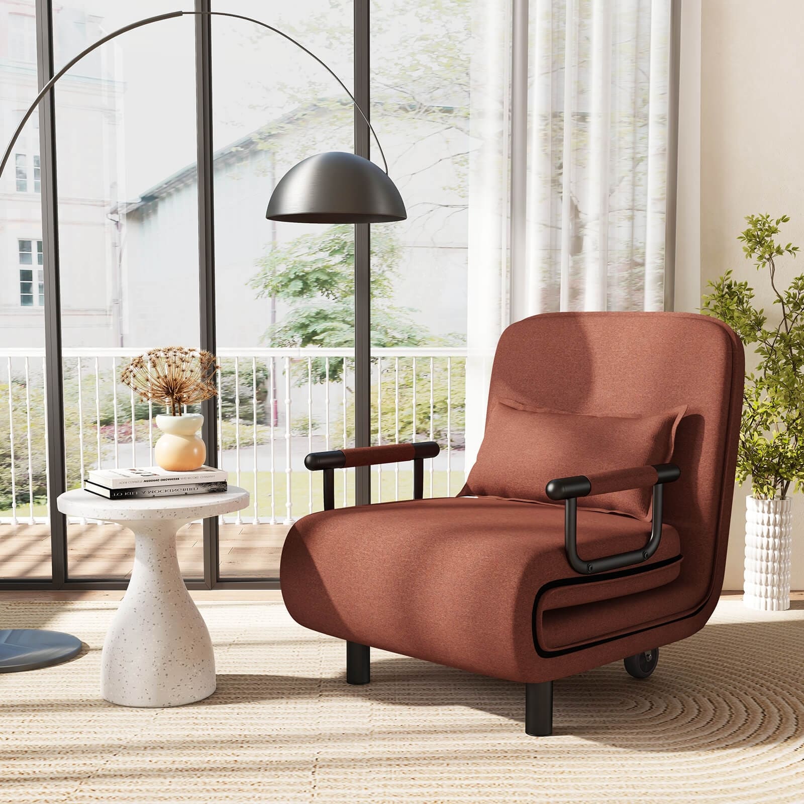 3 in 1 Convertible Sofa Bed with 5 Position Adjustable Backrest and Lumbar Pillow Brown Costway