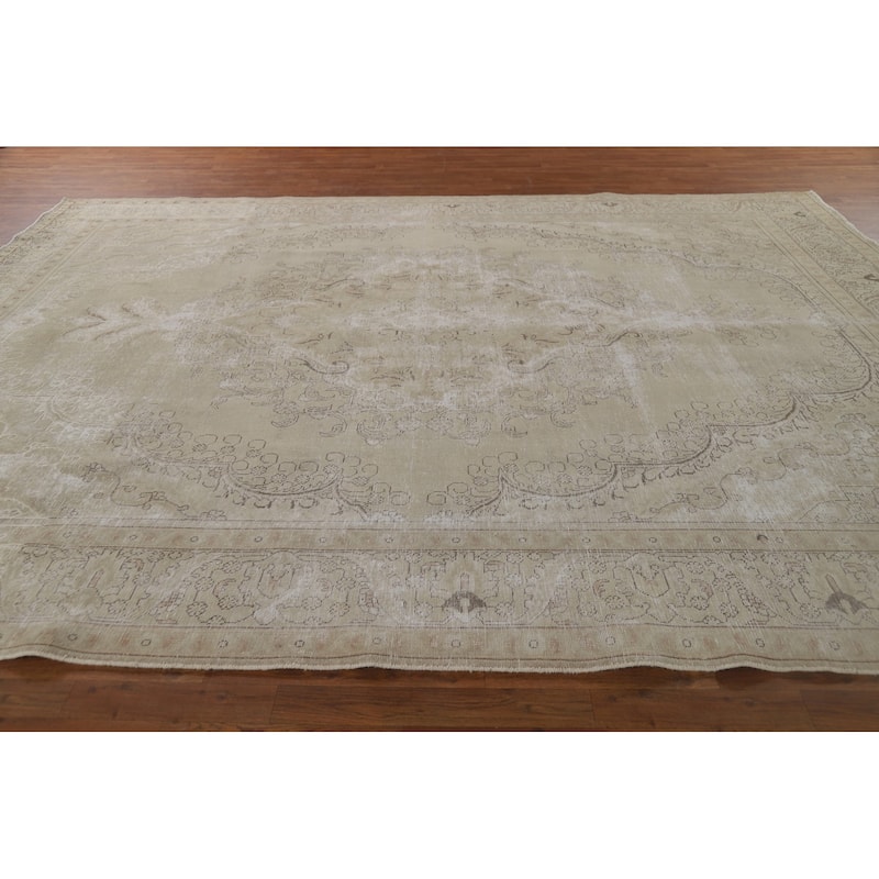 Distressed Tabriz Vintage Persian Rug Bedroom Hand-Knotted Wool Carpet - 9'10" x 12'10"