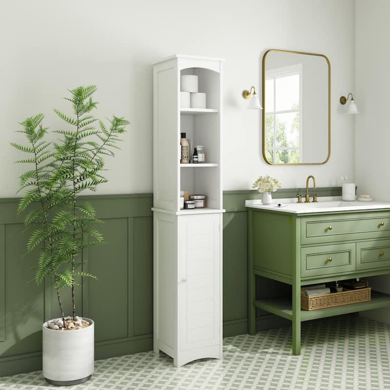 64.17"Tall Bathroom Storage Cabinet with Adjustable Shelves,Slim 1 Doors Freestanding Cabinet with Anti-Tip, Open compartments