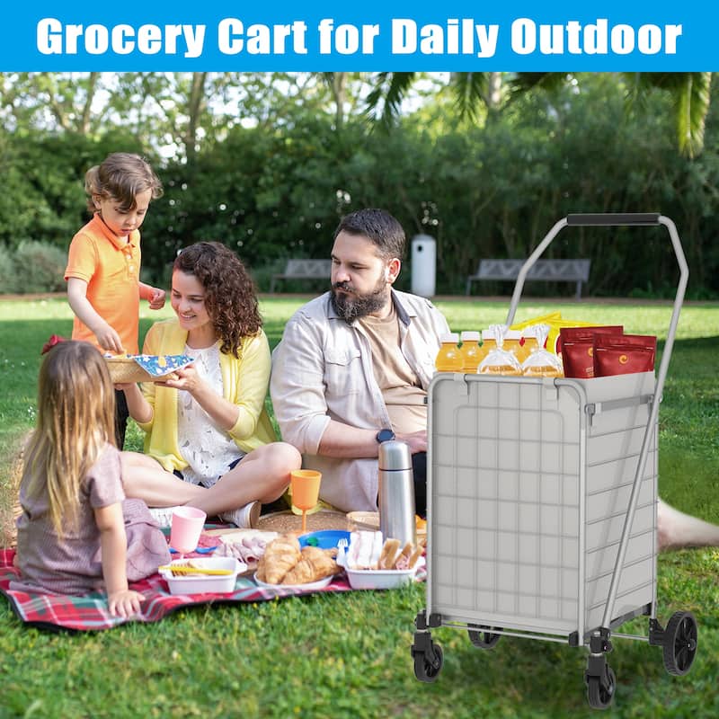 Foldable Grocery Shopping Cart with Shelf & Double Basket and 360 Rolling Swivel Wheels