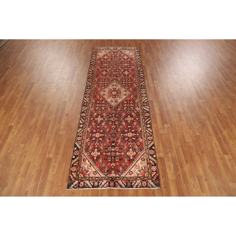 Hand Knotted Oriental 100% Wool Carpet Traditional Geometric Red Hamedan Runner Rug - 10' 3'' X 3' 4''