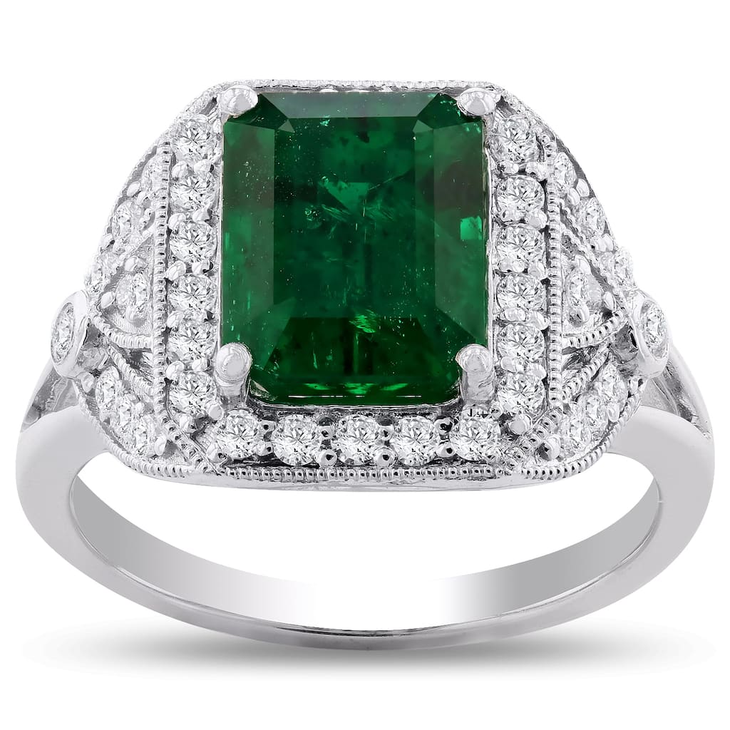 Auriya Platinum 3 1/5ct Emerald-Cut Emerald and 3/8ct TDW Diamond Halo Engagement Ring